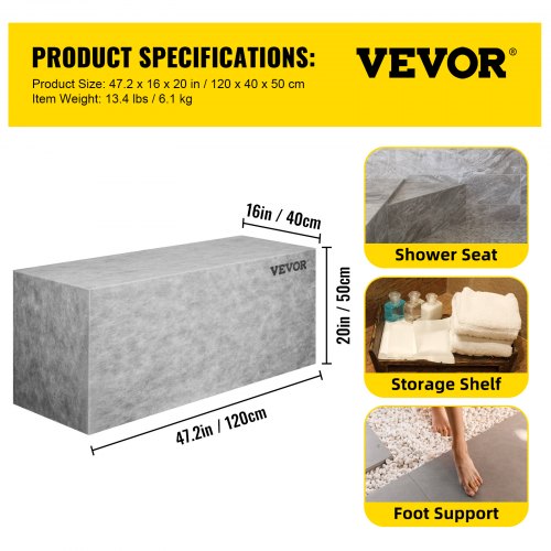 -Shower Seat with Tile, 47.2" x 16" x 20" Ready to Tile Shower Seat, Factory Waterproof and 100% Leak Proof Tileable Shower Corner Seat, 440 lbs Load-bearing Rectangular Shower Bench | EU