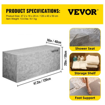 -Shower Seat with Tile, 47.2" x 16" x 20" Ready to Tile Shower Seat, Factory Waterproof and 100% Leak Proof Tileable Shower Corner Seat, 440 lbs Load-bearing Rectangular Shower Bench | EU