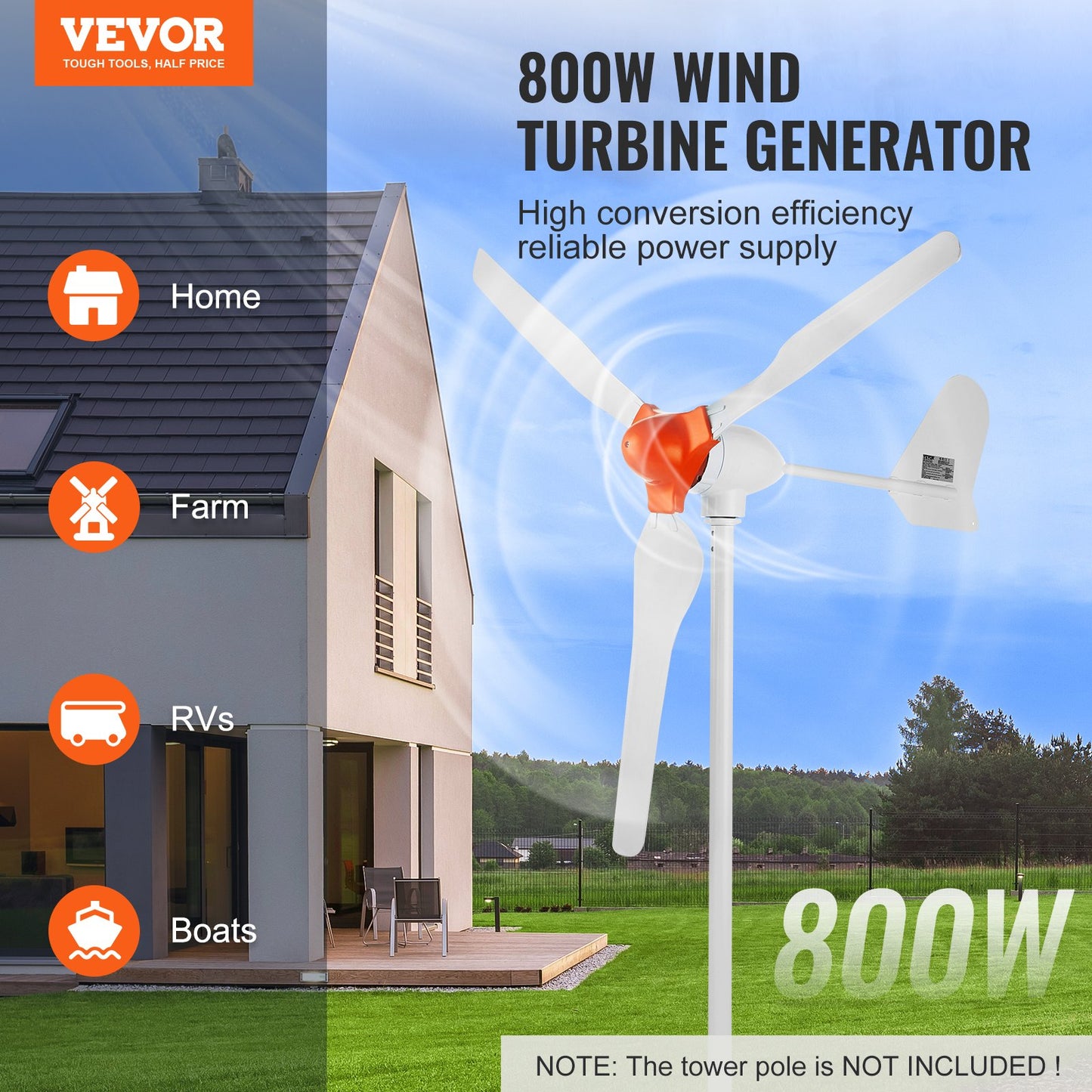 800W vindturbingenerator 12V 3-blads vindturbinsats och MPPT-styrenhet