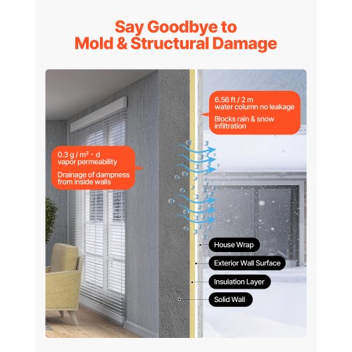 Husfolie, 2740 x 45720 mm, 0,13 mm tjock ångspärr, kraftig plastfolie för rivbeständig, ångspärr av tyg för bostads- och kommersiella byggen, vit |  EU