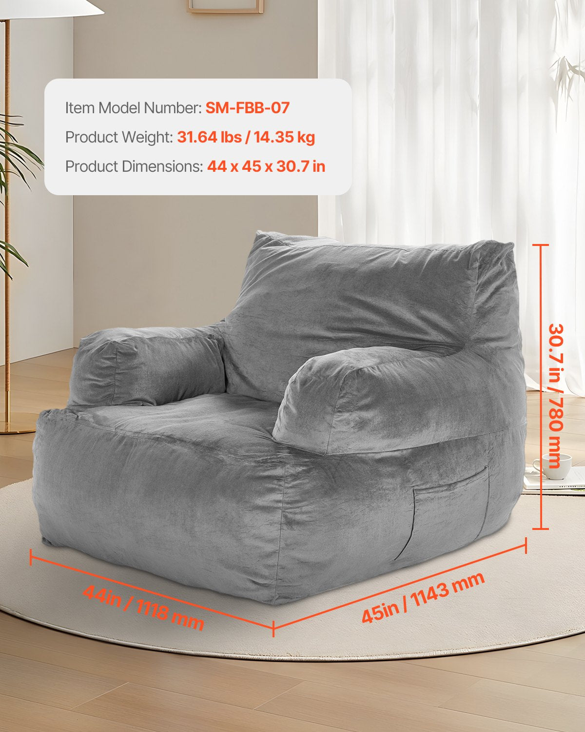 Bean Bag Chair BeanBag Soffstol med armstöd för vuxna Plyschgrå