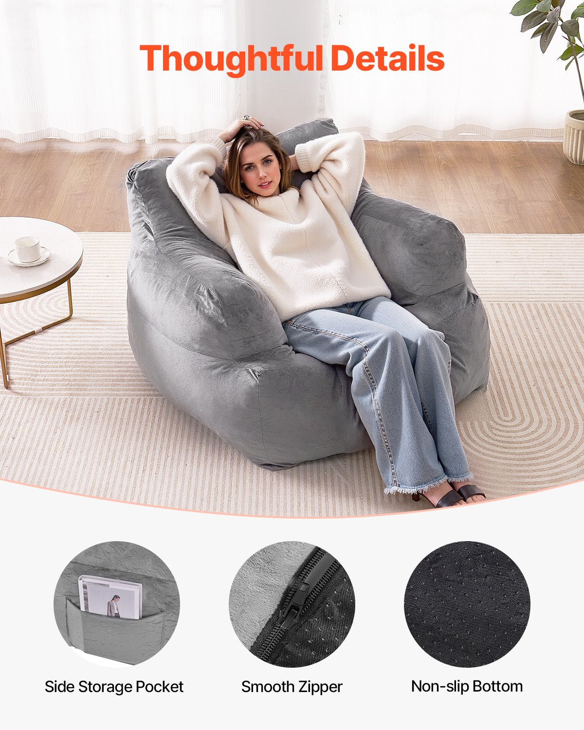 Bean Bag Chair BeanBag Soffstol med armstöd för vuxna Plyschgrå