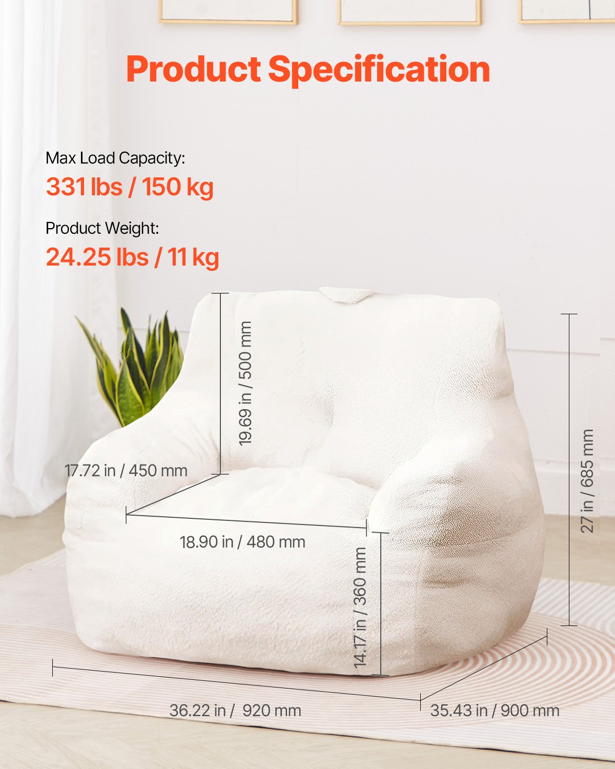 3 fot Bean Bag Stol med mjuka armstöd och förvaringsficka Vit