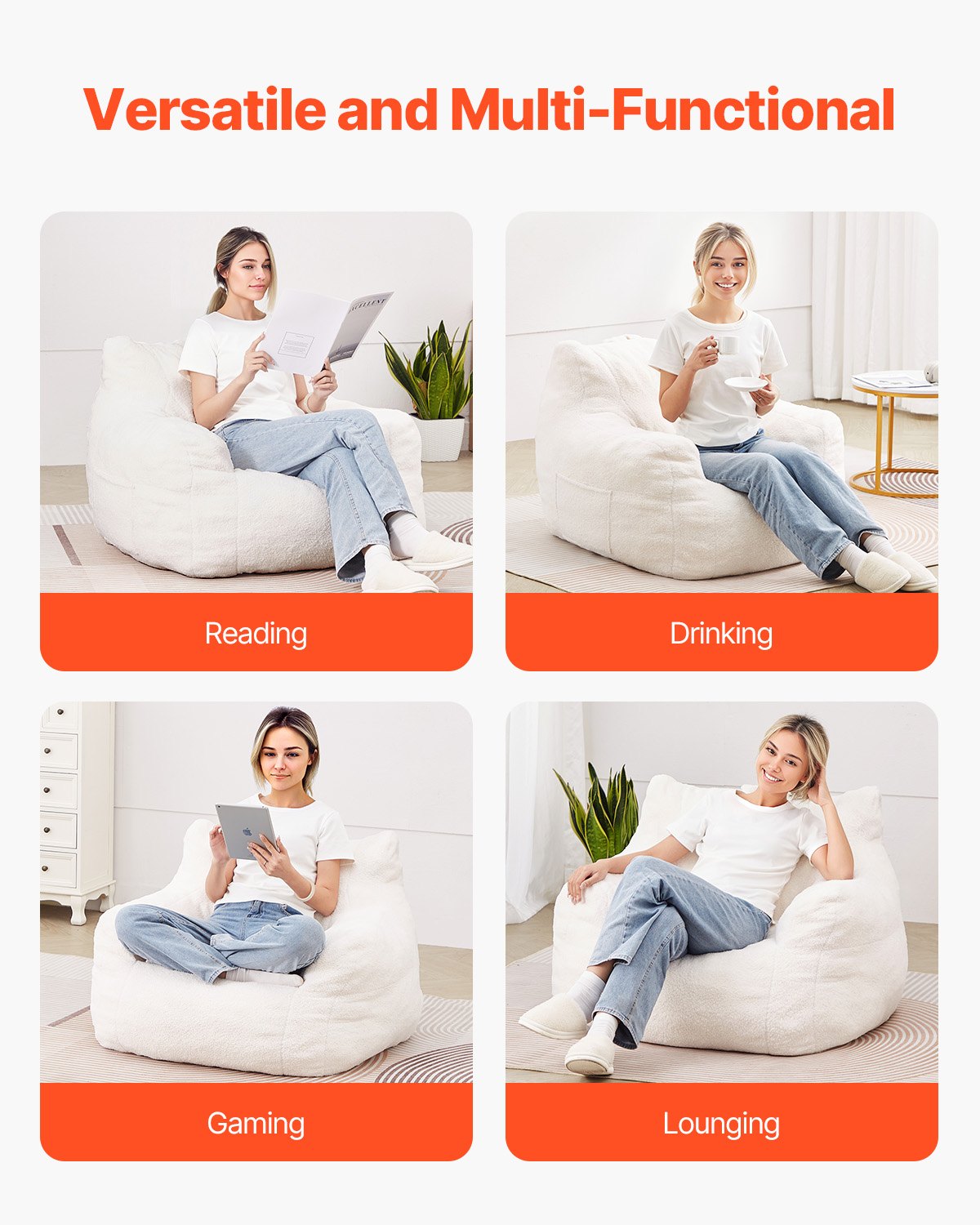 3 fot Bean Bag Stol med mjuka armstöd och förvaringsficka Vit
