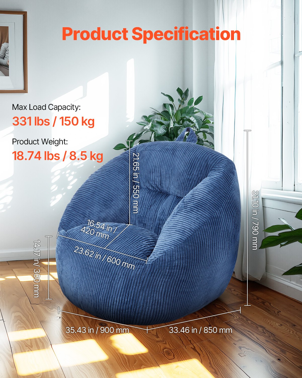 3 fot Bean Bag Stol med mjuka armstöd och förvaringsficka blå