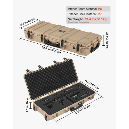Hård gevärsväska, låsbar gevärsväska med 4 lager förskurna skum, 914 mm vapenförvaring med hjul, IP67 vattentäta och dammtäta pistolförvaringsväskor för gevär, hagelgevär, airsoftvapen, khaki |  EU