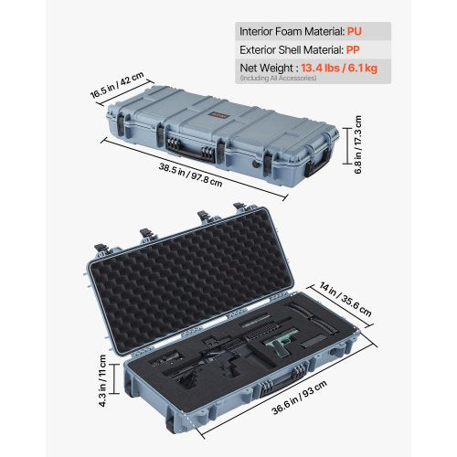 Hård gevärsväska, låsbar gevärsväska med 4 lager förskurna skum, 914 mm vapenförvaring med hjul, IP67 vattentäta och dammtäta pistolförvaringsväskor för gevär, hagelgevär, airsoftvapen, grå |  EU