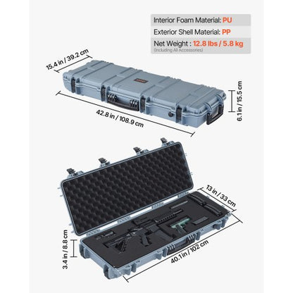 Hård gevärsväska, låsbar gevärsväska med förskurna skum, 1016 mm vapenförvaring med hjul, IP67 vattentät och dammtät flyttbar stor pistolförvaring för gevär, hagelgevär, airsoftvapen, grå |  EU