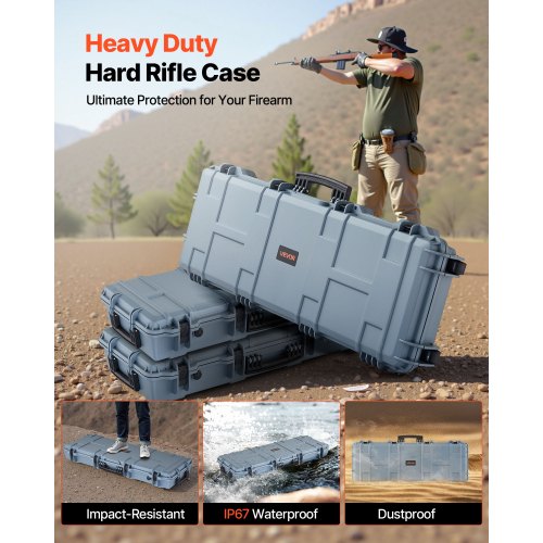 Hård gevärsväska, låsbar gevärsväska med förskurna skum, 1066 mm flyttbar vapenförvaring med hjul, IP67 vattentät och dammtät pistolförvaring för gevär, hagelgevär, airsoftvapen, grå |  EU