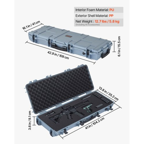 Hård gevärsväska, låsbar gevärsväska med förskurna skum, 1066 mm flyttbar vapenförvaring med hjul, IP67 vattentät och dammtät pistolförvaring för gevär, hagelgevär, airsoftvapen, grå |  EU