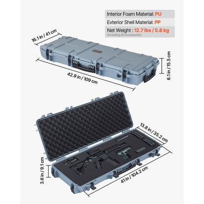 Hård gevärsväska, låsbar gevärsväska med förskurna skum, 1066 mm flyttbar vapenförvaring med hjul, IP67 vattentät och dammtät pistolförvaring för gevär, hagelgevär, airsoftvapen, grå |  EU