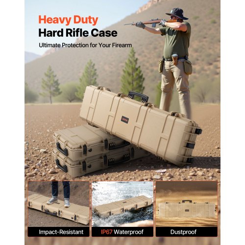 Hård gevärsväska, Låsbar gevärsväska med förskurna skum, 1270 mm Flyttbar vapenförvaring med hjul, IP67 Vattentät och dammtät pistolförvaring för gevär, hagelgevär, airsoftvapen, Khaki |  EU