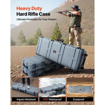 Hård gevärsväska, låsbar gevärsväska med förskurna skum, 1320 mm vapenförvaring med hjul, kraftiga IP67 vattentäta och dammtäta pistolförvaringsväskor för gevär, hagelgevär, airsoftvapen, grå |  EU