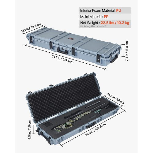 Hård gevärsväska, låsbar gevärsväska med förskurna skum, 1320 mm vapenförvaring med hjul, kraftiga IP67 vattentäta och dammtäta pistolförvaringsväskor för gevär, hagelgevär, airsoftvapen, grå |  EU