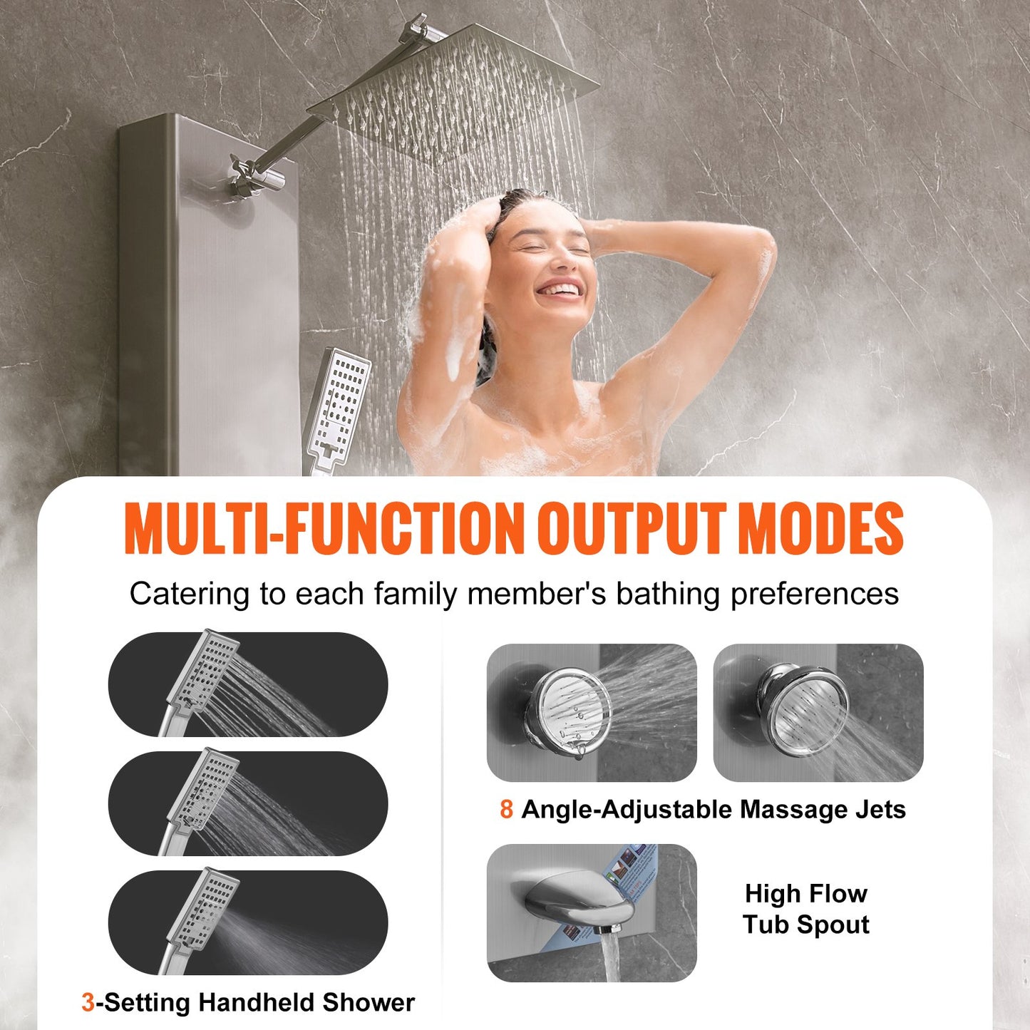 Shower Panel Tower System 6 lägen Digital Display Rostfritt stål Regnfall