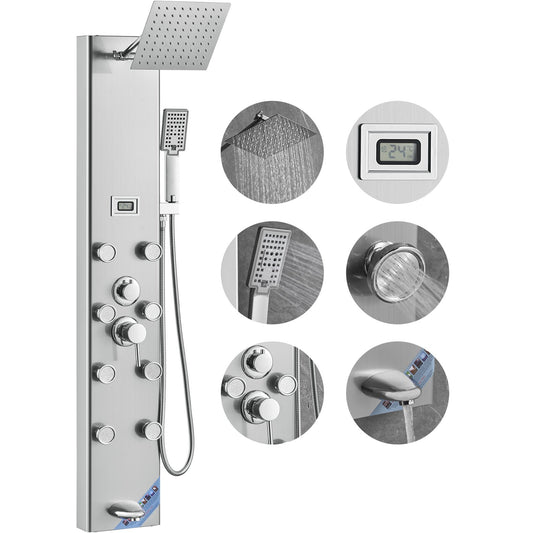 Shower Panel Tower System 6 lägen Digital Display Rostfritt stål Regnfall