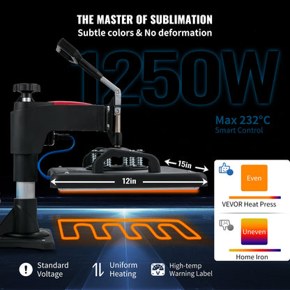 Heat Press, 5 i 1 Heat Press Machine Machine 12x15, Clamshell Sublimation Transfer Printer Snabb uppvärmning, Digital exakt temperaturkontroll, Vinyl Heat Press för T-shirt tallrik Mugg Cup, 1250W