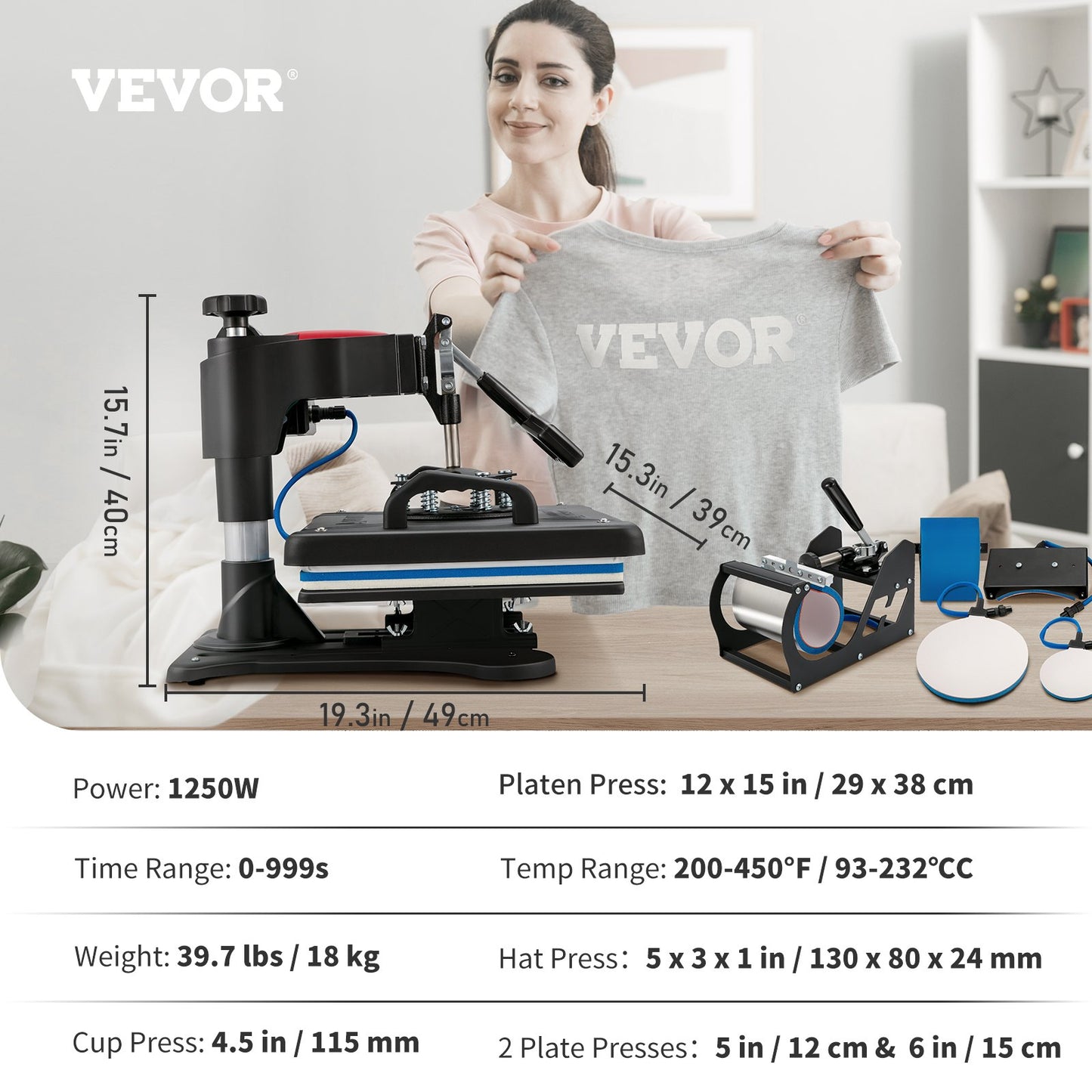 Heat Press, 5 i 1 Heat Press Machine Machine 12x15, Clamshell Sublimation Transfer Printer Snabb uppvärmning, Digital exakt temperaturkontroll, Vinyl Heat Press för T-shirt tallrik Mugg Cup, 1250W