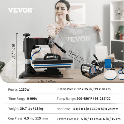 Heat Press, 5 i 1 Heat Press Machine Machine 12x15, Clamshell Sublimation Transfer Printer Snabb uppvärmning, Digital exakt temperaturkontroll, Vinyl Heat Press för T-shirt tallrik Mugg Cup, 1250W