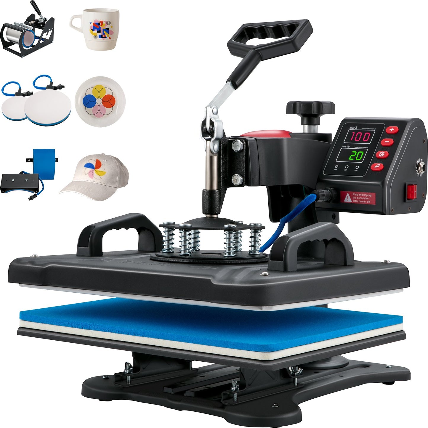 Heat Press, 5 i 1 Heat Press Machine Machine 12x15, Clamshell Sublimation Transfer Printer Snabb uppvärmning, Digital exakt temperaturkontroll, Vinyl Heat Press för T-shirt tallrik Mugg Cup, 1250W