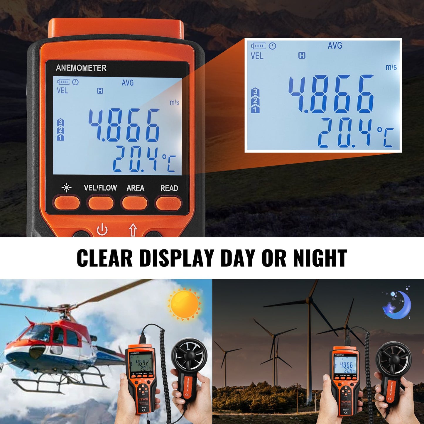 Split Handheld Anemometer, 14℉-140℉, Digital vindhastighet CFM-mätare med LED-bakgrundsbelysningsskärm, Mäter vindhastighet Vindtemperatur Luftflöde Vindavkylning, för segling Surfing Flygande HVAC