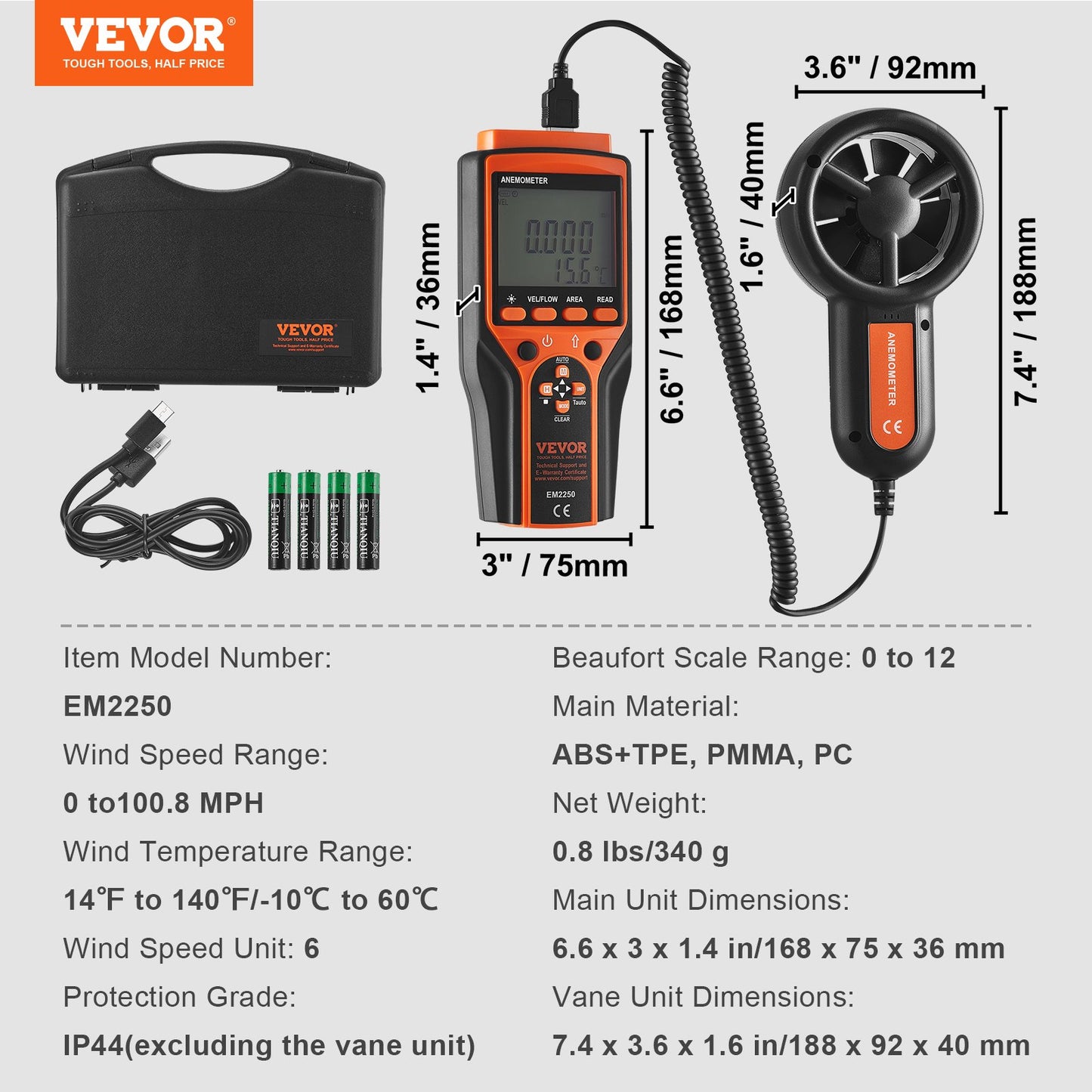 Split Handheld Anemometer, 14℉-140℉, Digital vindhastighet CFM-mätare med LED-bakgrundsbelysningsskärm, Mäter vindhastighet Vindtemperatur Luftflöde Vindavkylning, för segling Surfing Flygande HVAC