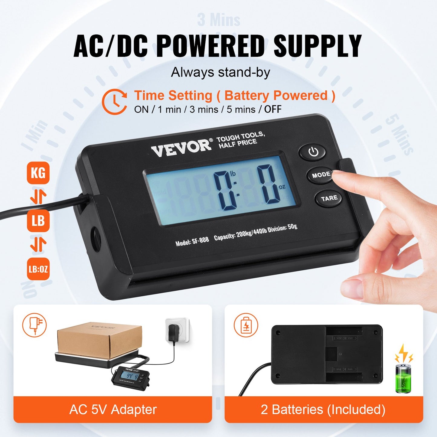 Fraktvåg Digital postvåg 440 lbs x 1,7 oz. AC/DC-paket LCD