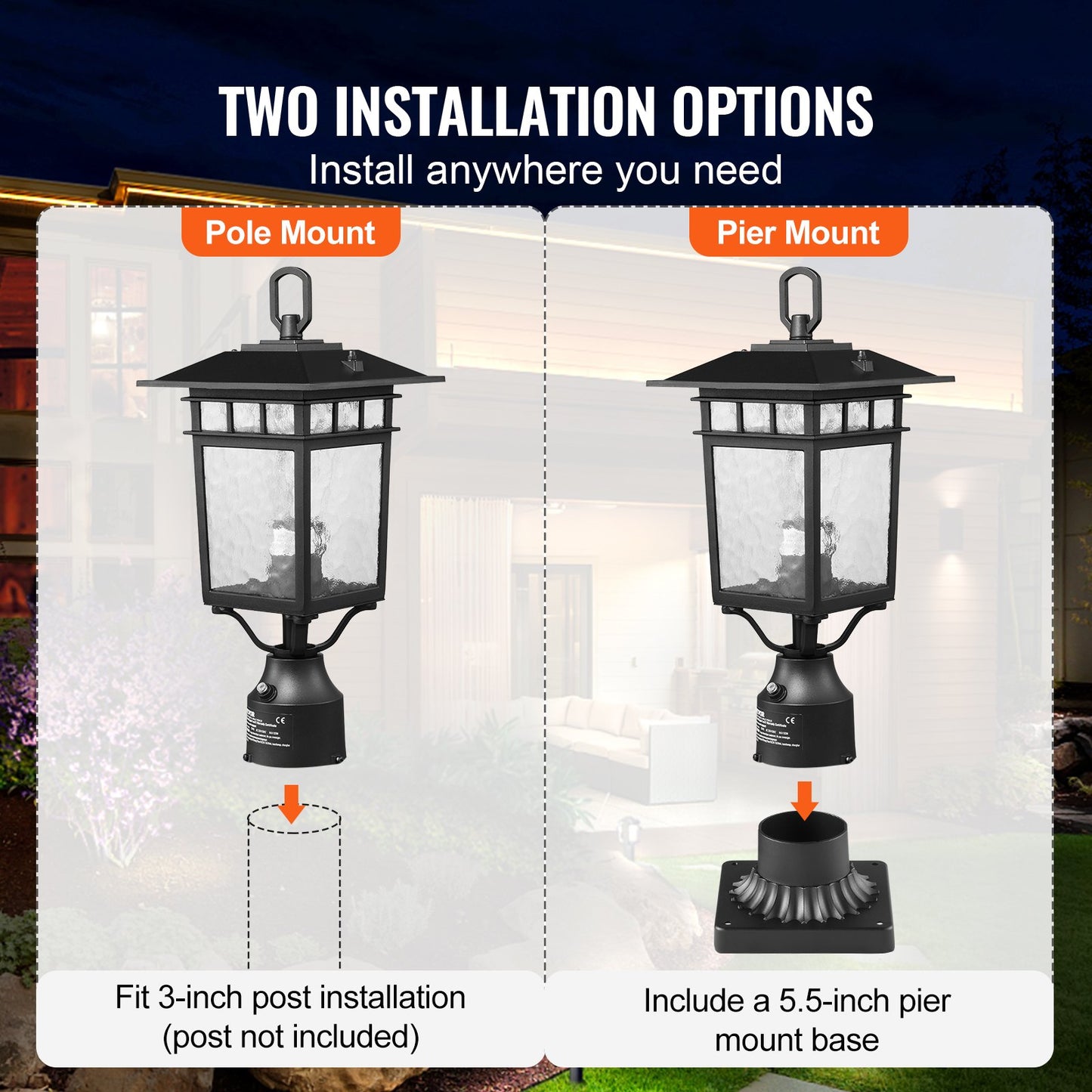 2 pcs Dusk to Dawn Outdoor Lamp Post Light Fixture 400mm Post Pier Mount