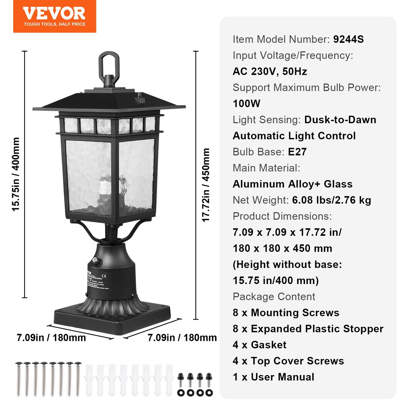 2 pcs Dusk to Dawn Outdoor Lamp Post Light Fixture 400mm Post Pier Mount