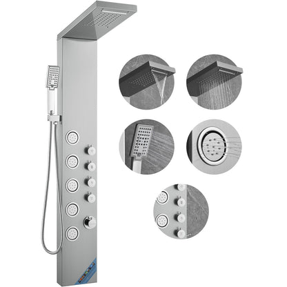 Duschpanelsystem, 4 duschlägen Duschpanelstorn, regn, vattenfall, 5 helkroppsmassagestrålar och 3-läges handduschhuvud med 59" slang, väggmonterad duschset i rostfritt stål