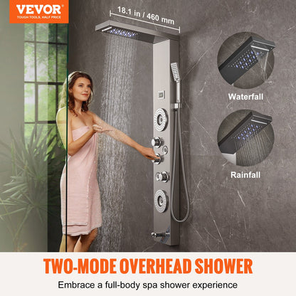 Shower Panel Tower System 6 lägen LED & Display Rostfritt stål Regnfall