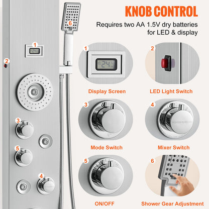 Shower Panel Tower System 6 lägen LED & Display Rostfritt stål Regnfall