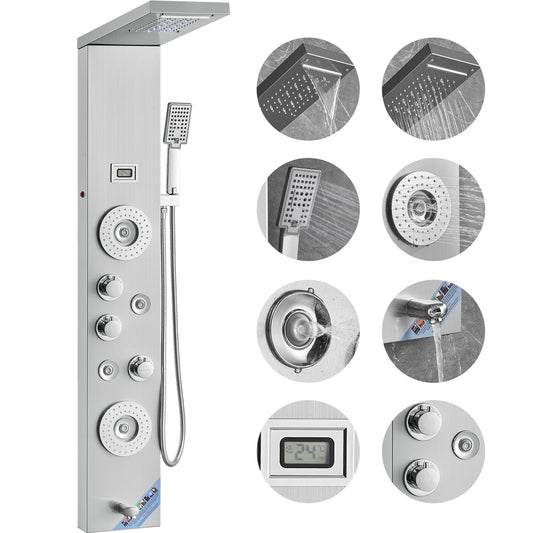 Shower Panel Tower System 6 lägen LED & Display Rostfritt stål Regnfall
