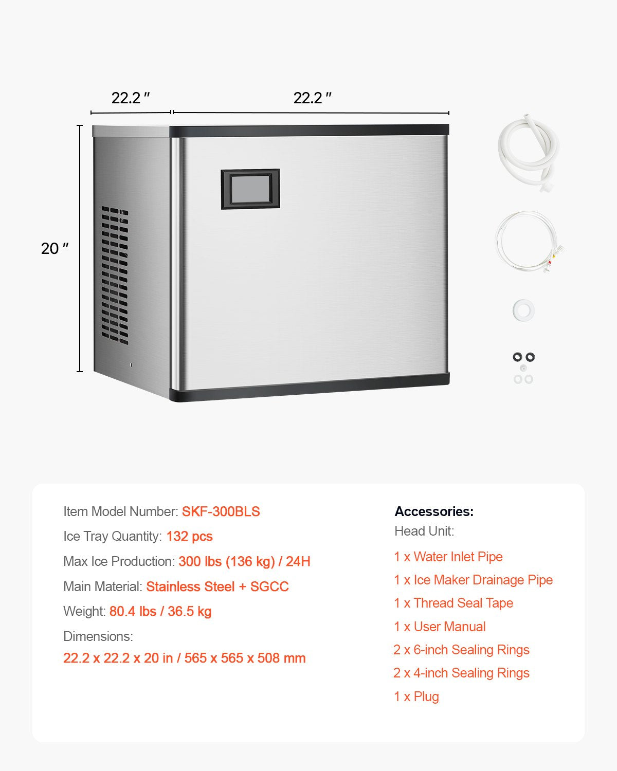 Commercial Ice Machine 300 lbs/24 hr Self Cleaning Ice Machine - Head Only