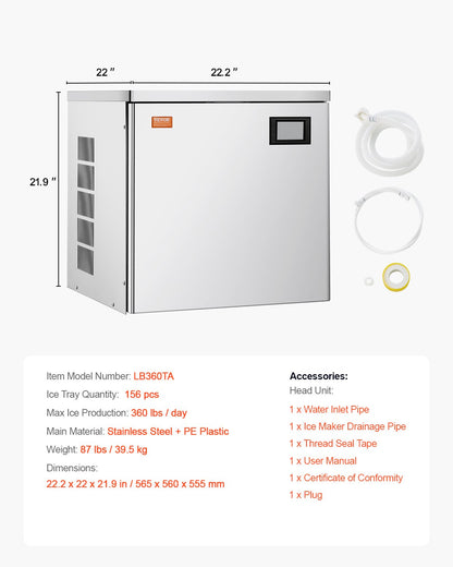 Commercial Ice Machine 360 lbs/day Self-cleaning Ice Machine - Head Only