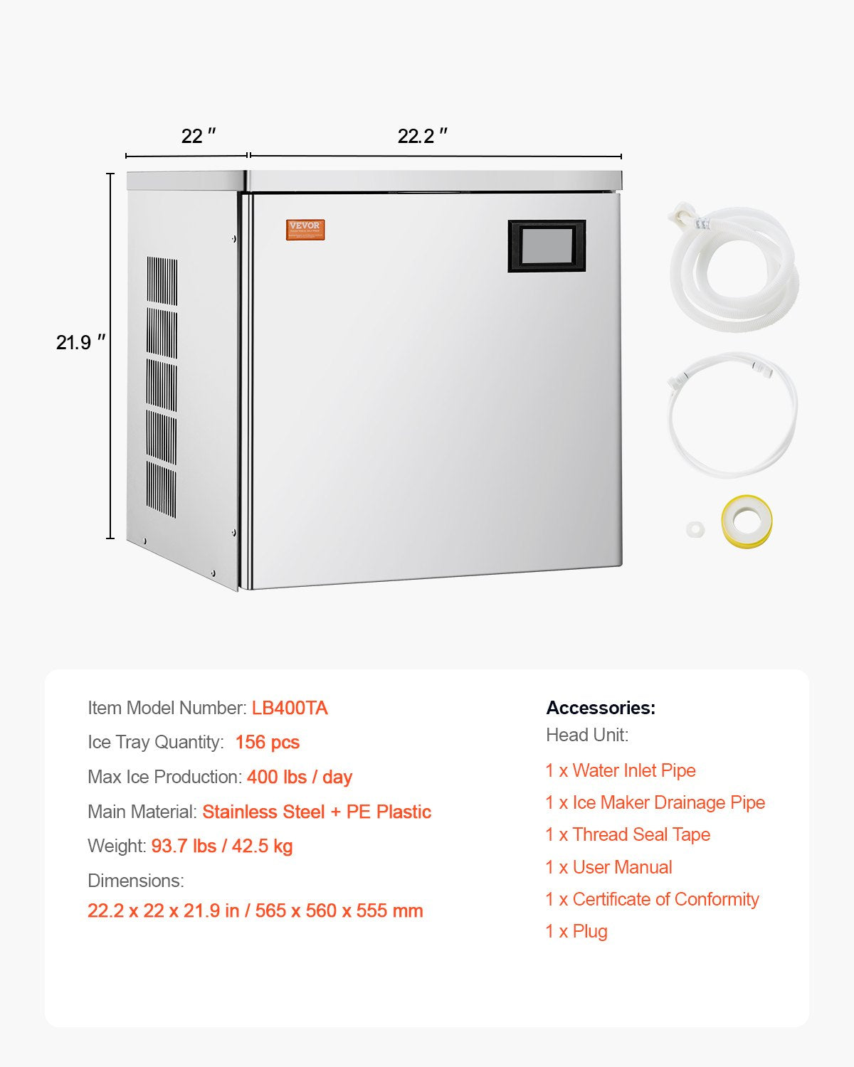 Commercial Ice Machine 400 lbs/day Self-cleaning Ice Machine - Head Only