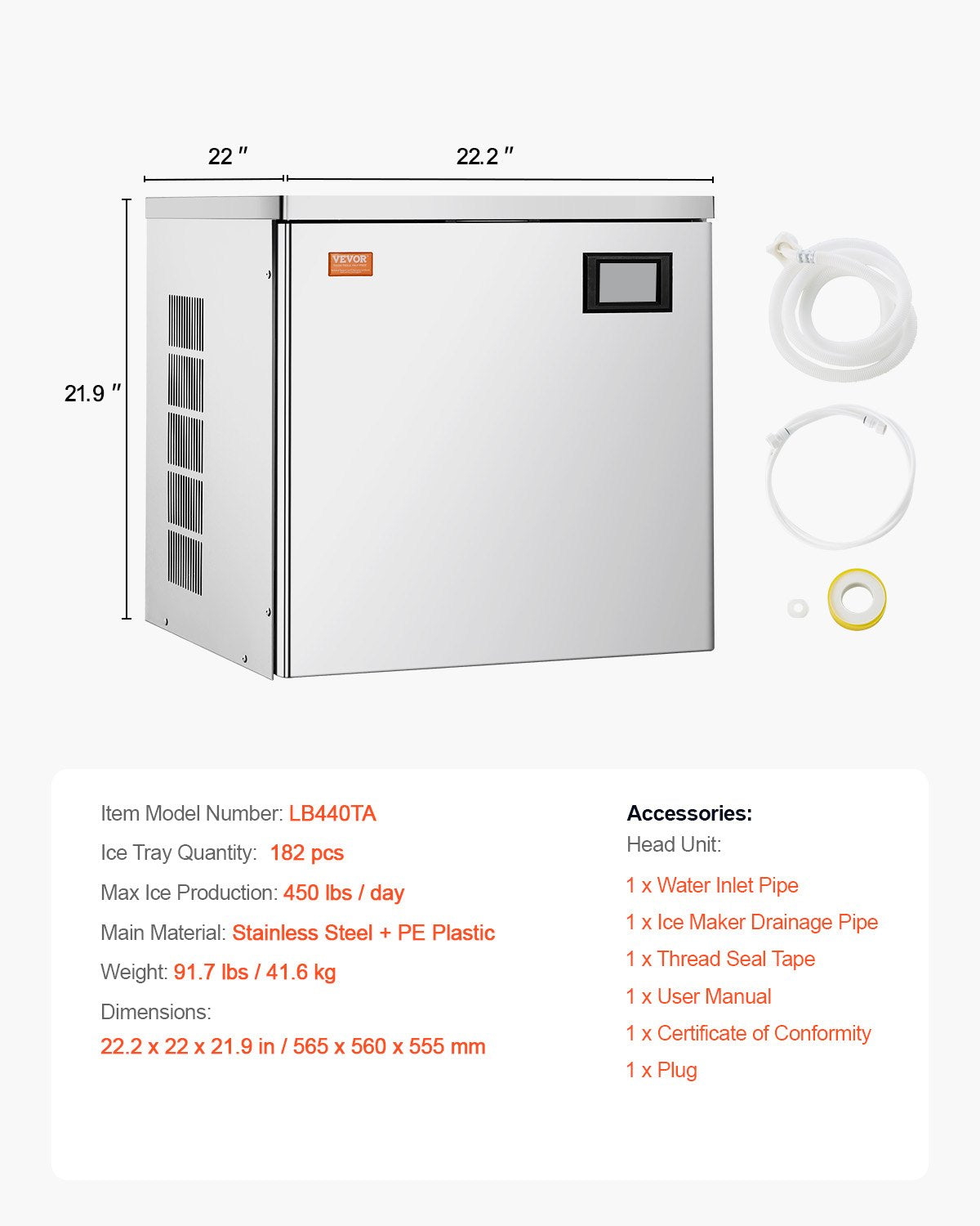 Commercial Ice Machine 450 lbs/day Self Cleaning Ice Machine - Head Only