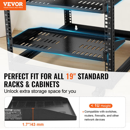 2PCS 1U Server Rack Shelf 10"/254mm Depth Ventilated Rack Mount Shelf Tray