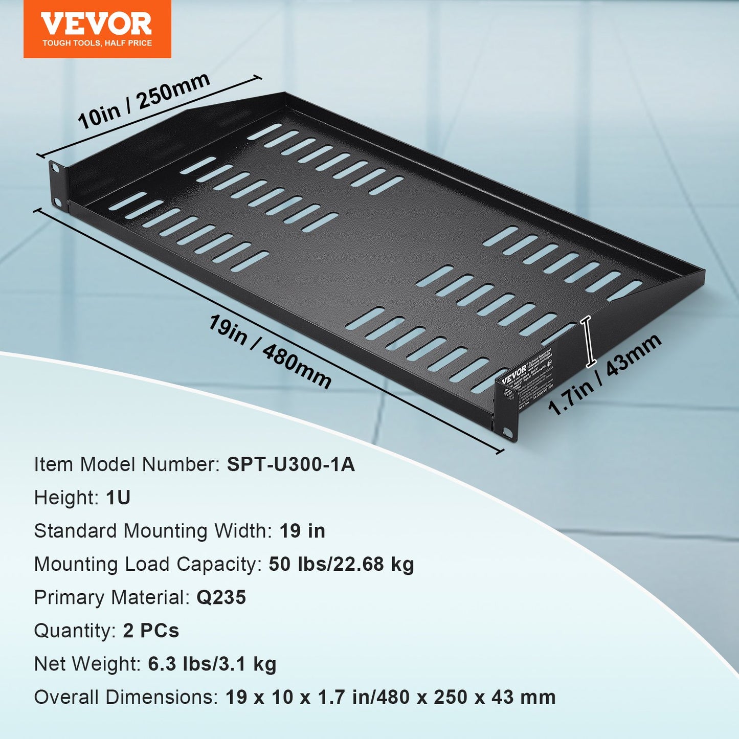 2PCS 1U Server Rack Shelf 10"/254mm Depth Ventilated Rack Mount Shelf Tray