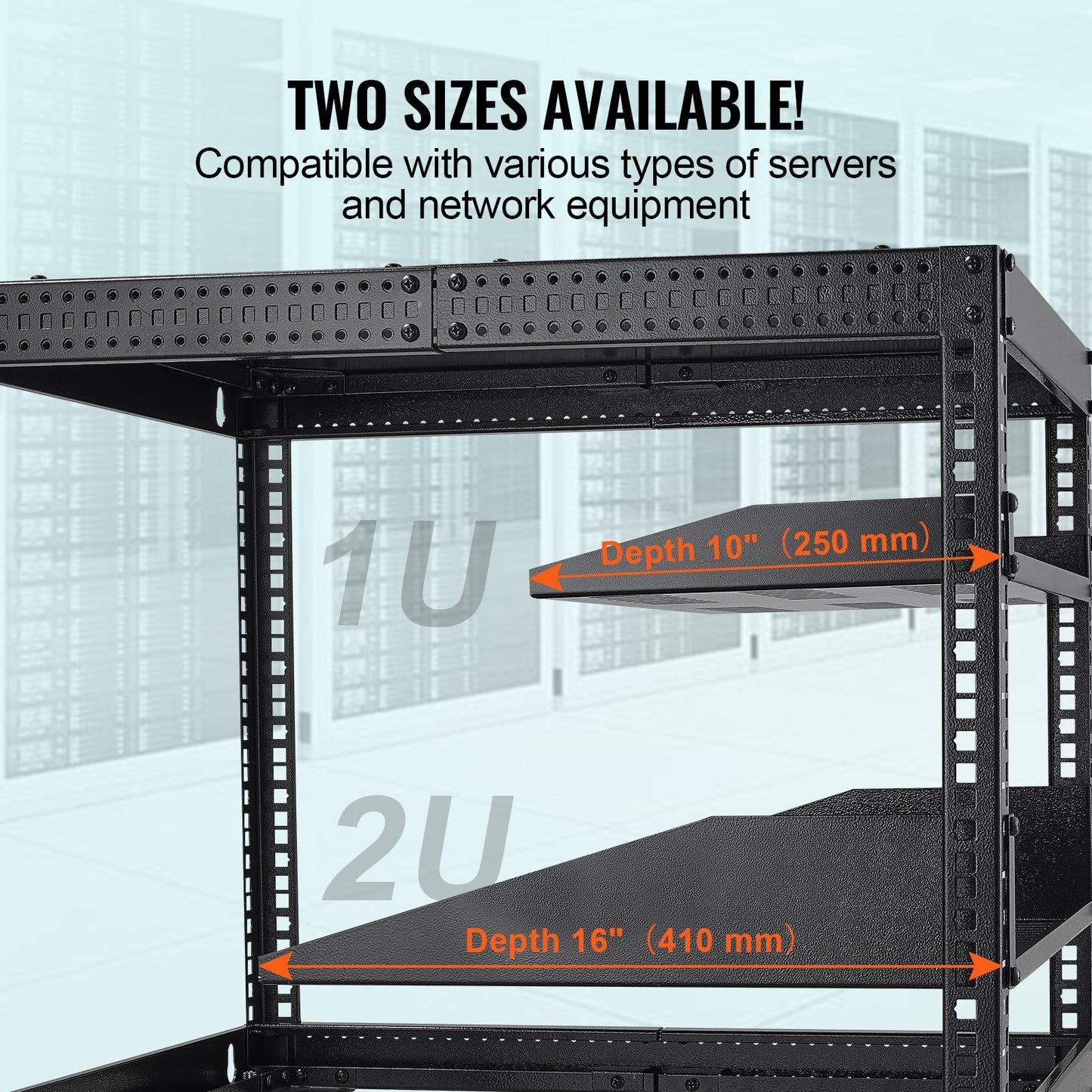 2U Server Rack Hylla 16"/406 mm Djup Ventilerad Rack Mount Hylla med bricka