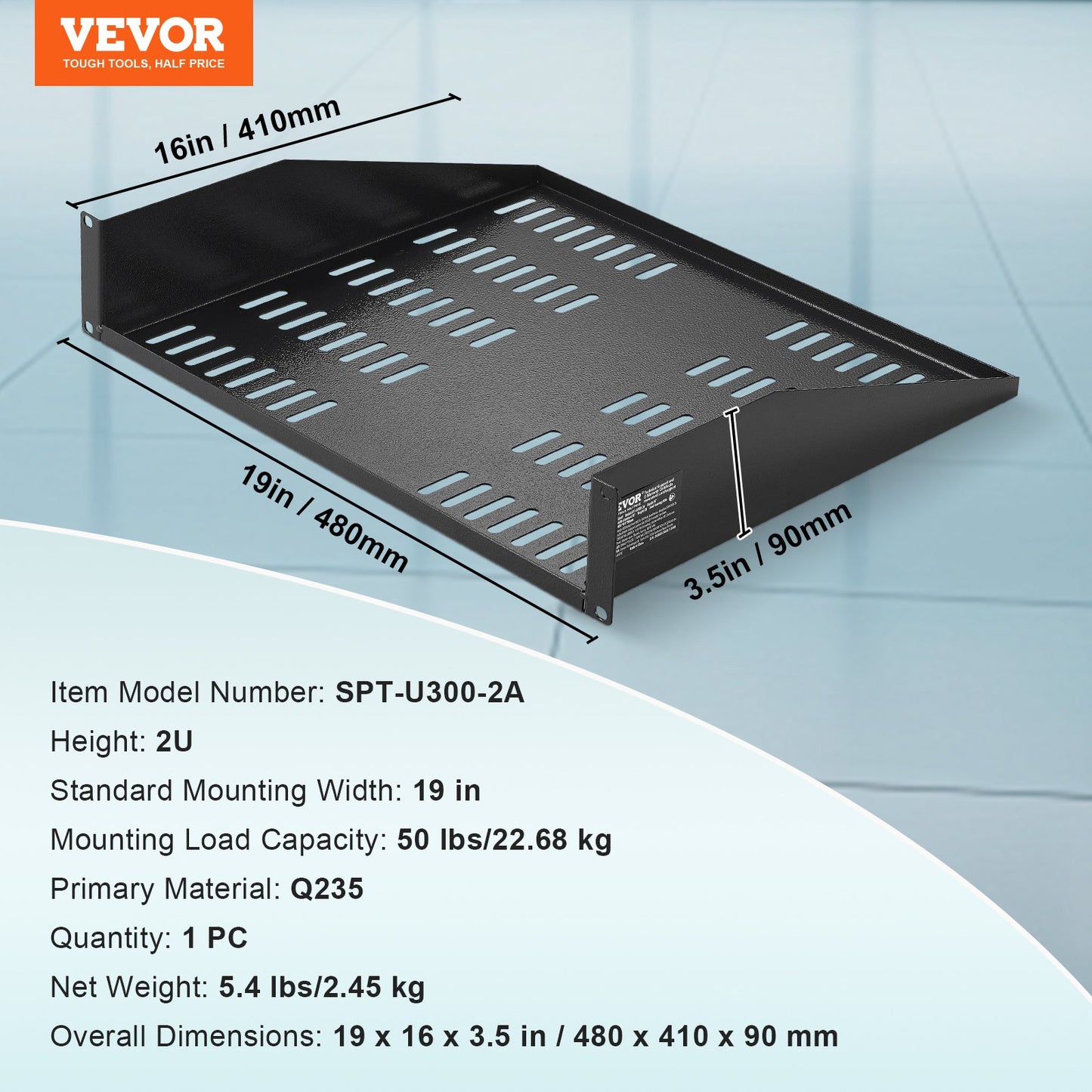 2U Server Rack Hylla 16"/406 mm Djup Ventilerad Rack Mount Hylla med bricka