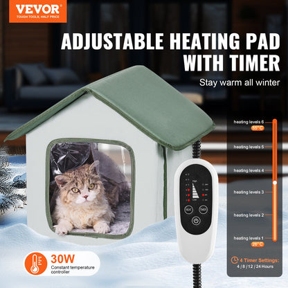 Elevated Heated Cat House Outdoor Kitty Shelter with Heated Pad Green (S)