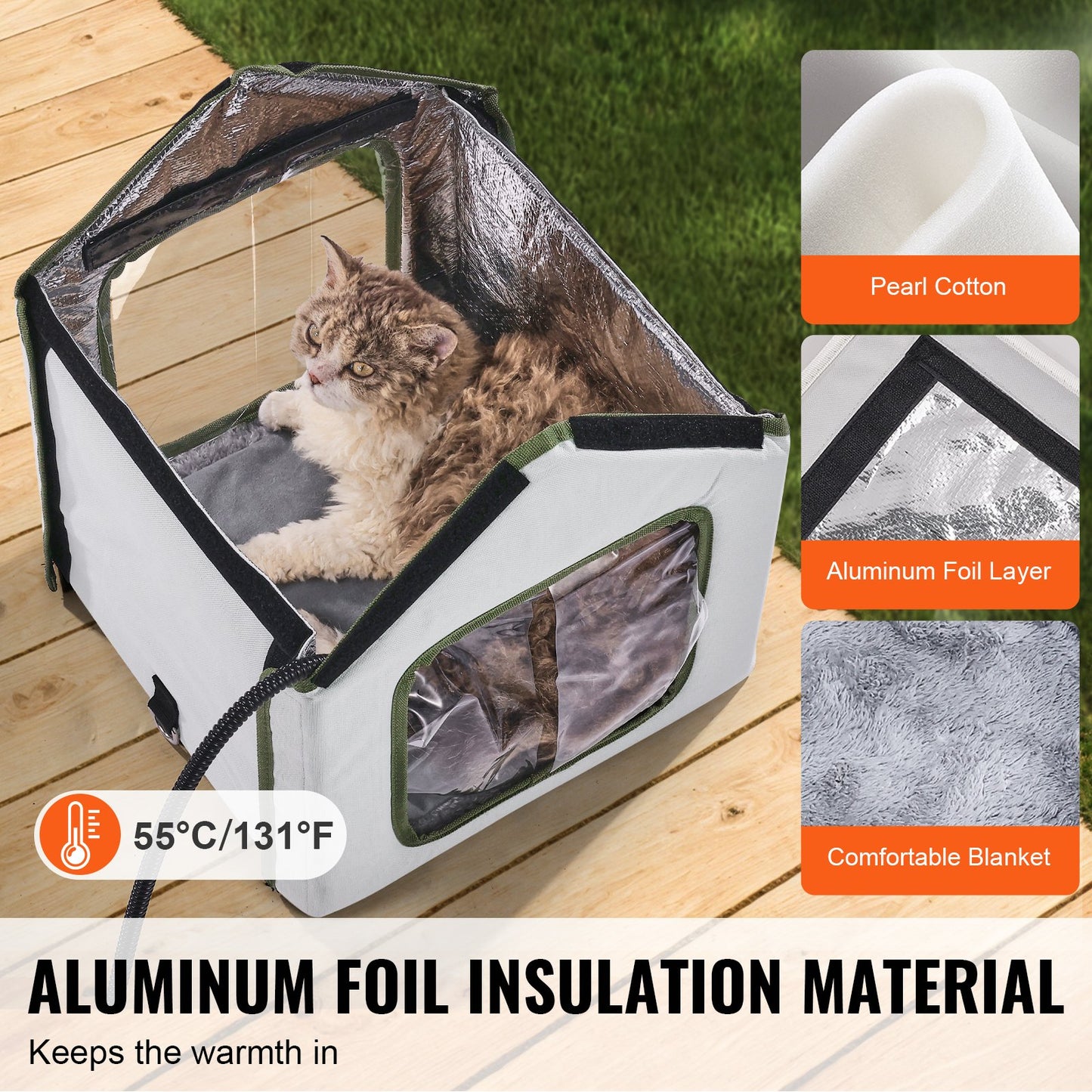 Elevated Heated Cat House Outdoor Kitty Shelter with Heated Pad Green (S)