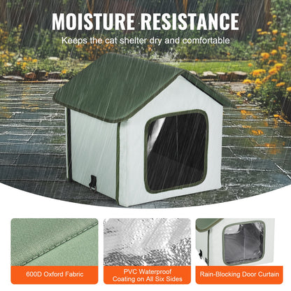 Elevated Heated Cat House Outdoor Kitty Shelter with Heated Pad Green (S)