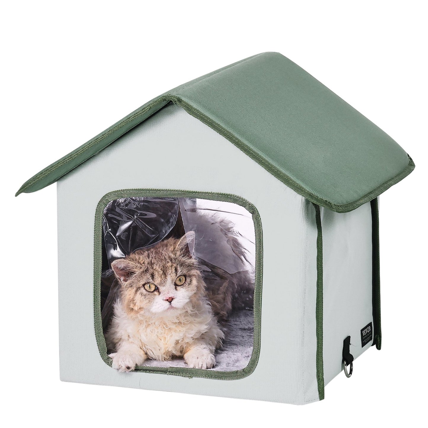 Elevated Heated Cat House Outdoor Kitty Shelter with Heated Pad Green (S)
