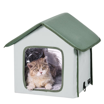 Elevated Heated Cat House Outdoor Kitty Shelter with Heated Pad Green (S)