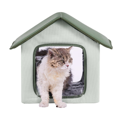 Elevated Heated Cat House Outdoor Kitty Shelter with Heated Pad Green (S)