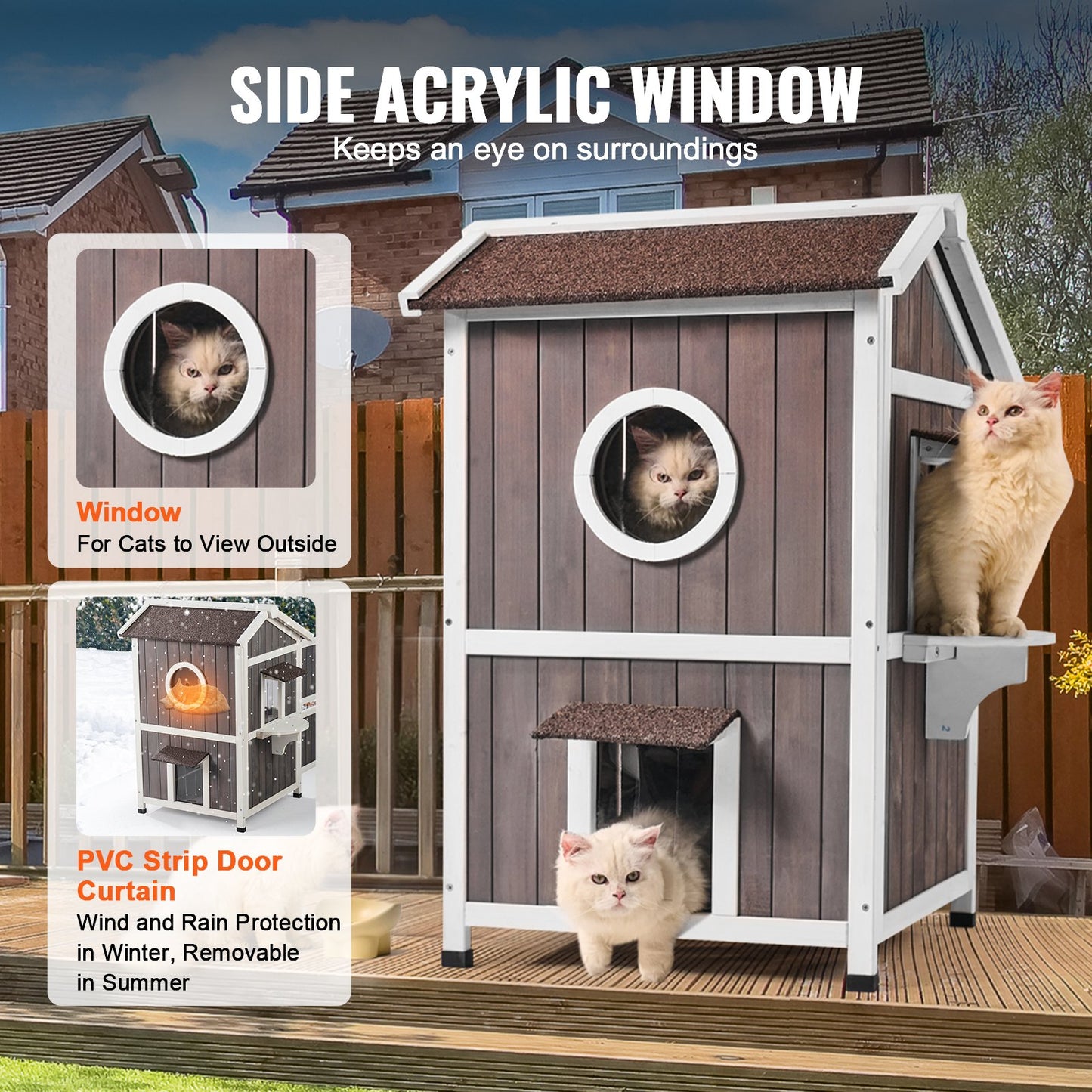 Outdoor Cat House 2-våningars vilda katthem i trä med tak- och dörrklaffar