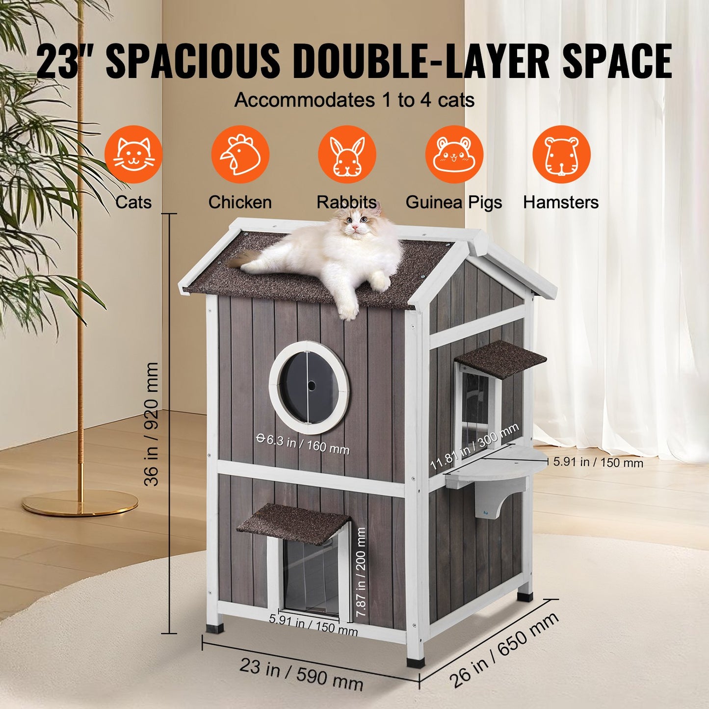 Outdoor Cat House 2-våningars vilda katthem i trä med tak- och dörrklaffar