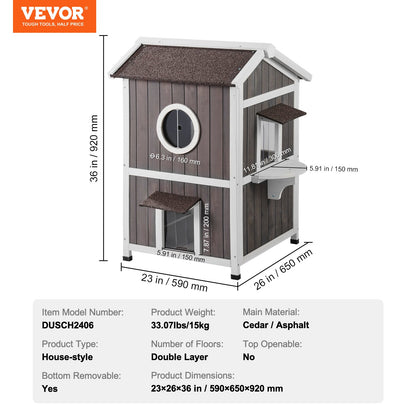 Outdoor Cat House 2-våningars vilda katthem i trä med tak- och dörrklaffar